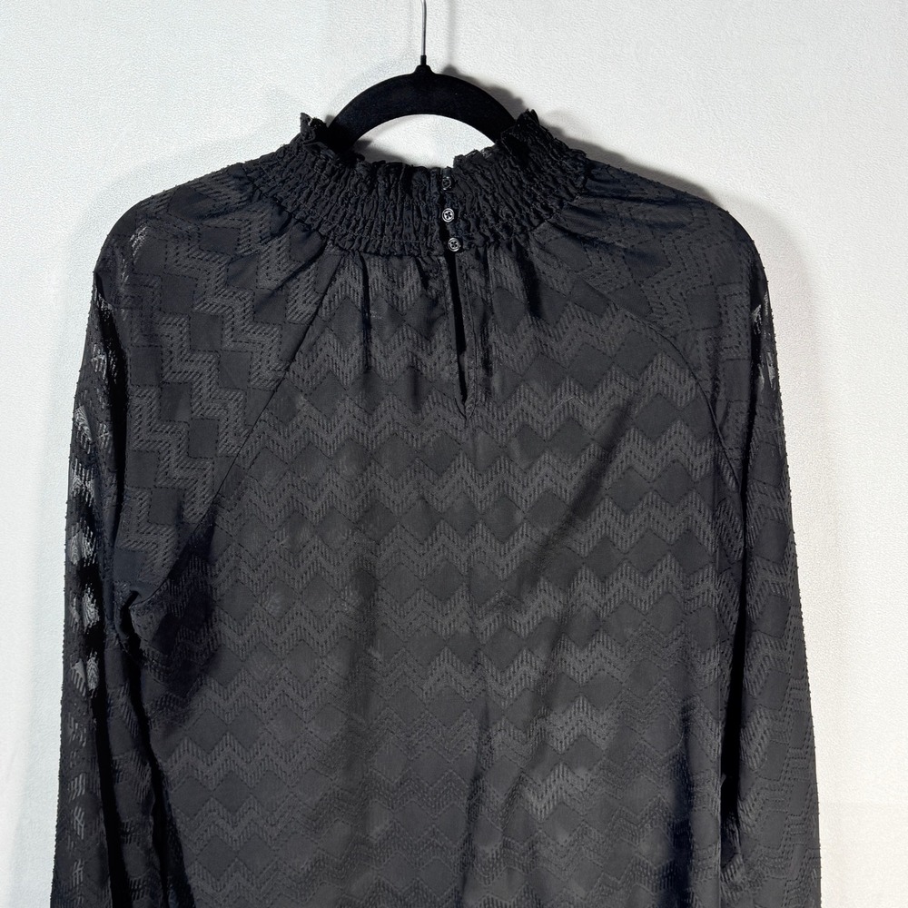 mossimo Black Sheer Mock Neck‎ Zig Zag Pattern Large Long Sleeve Top whimsigoth - Picture 2 of 5